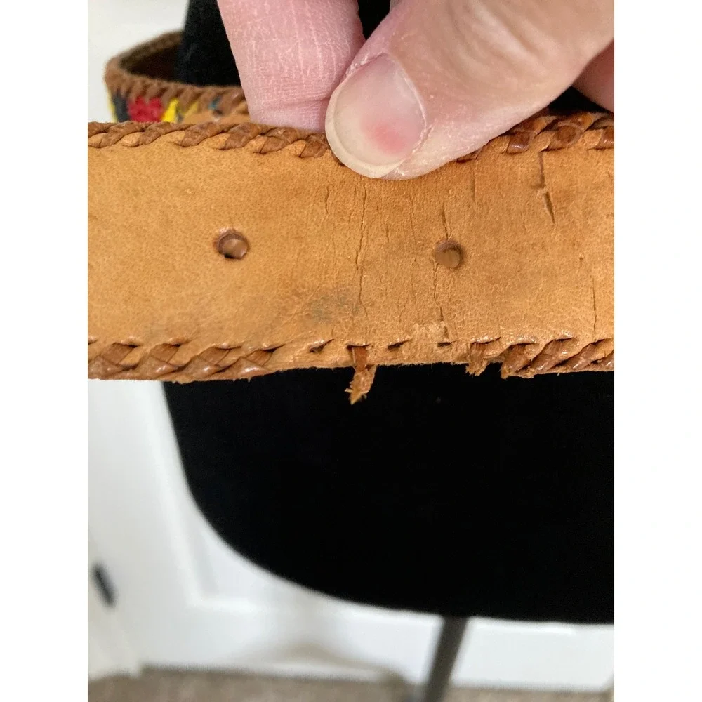 Vintage Guatemalan Woven‎ Leather Belt Tan Multi Color Boho Southwestern Size 34